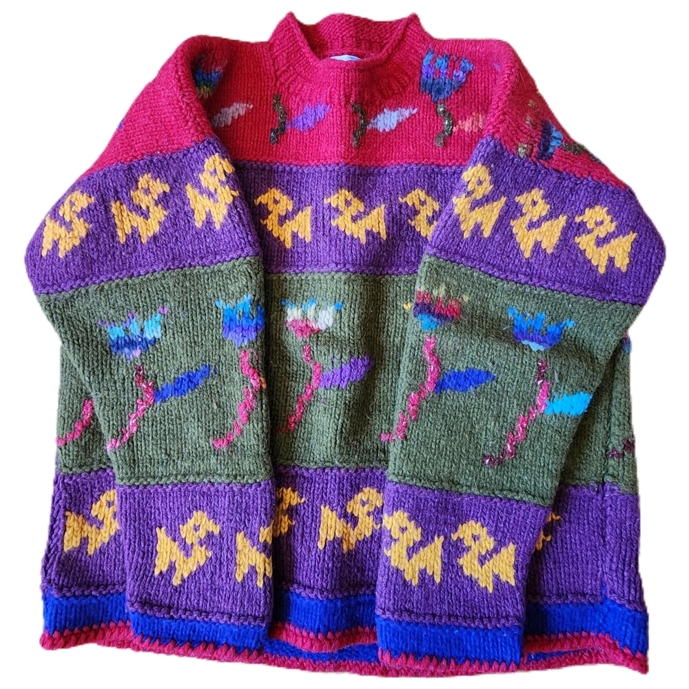 AMAZING  Colorful Handknit Vintage 100% Lama Wool Flowers Birds Chunky Knit